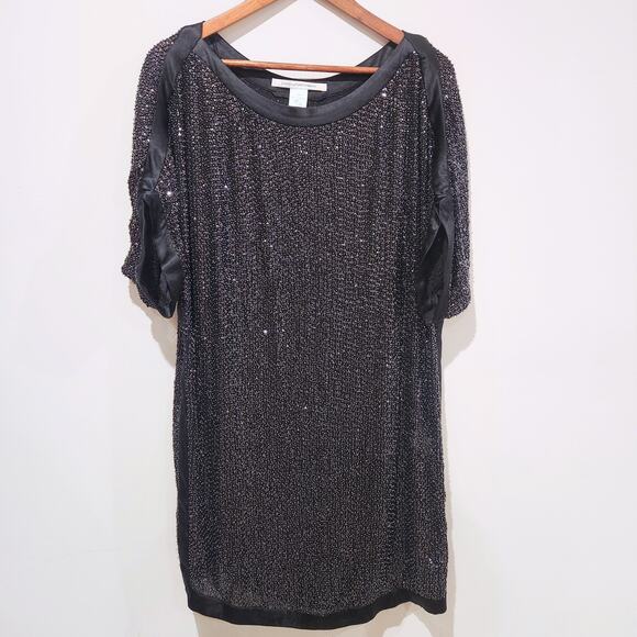 Diane Von Furstenberg Womens Silk Black Beaded Sequin Tunic Mini Dress Size 4 - Picture 1 of 12